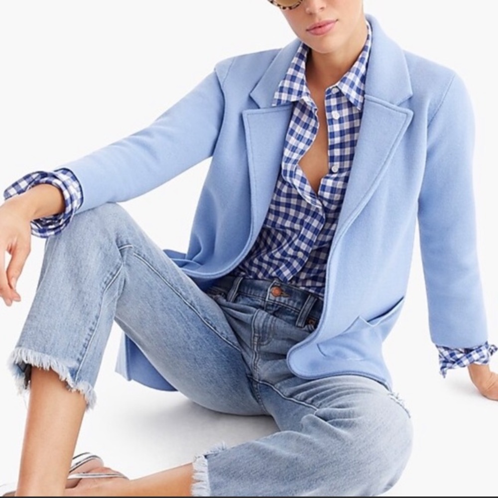 J Crew Sophie Sweater Blazer Medium Merino Wool Blend Car Coat Cornflower Blue